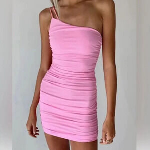 Princess Polly Reece One Shoulder Ribbed Ruched Mini Dress Bubblegum Pink Sz 6